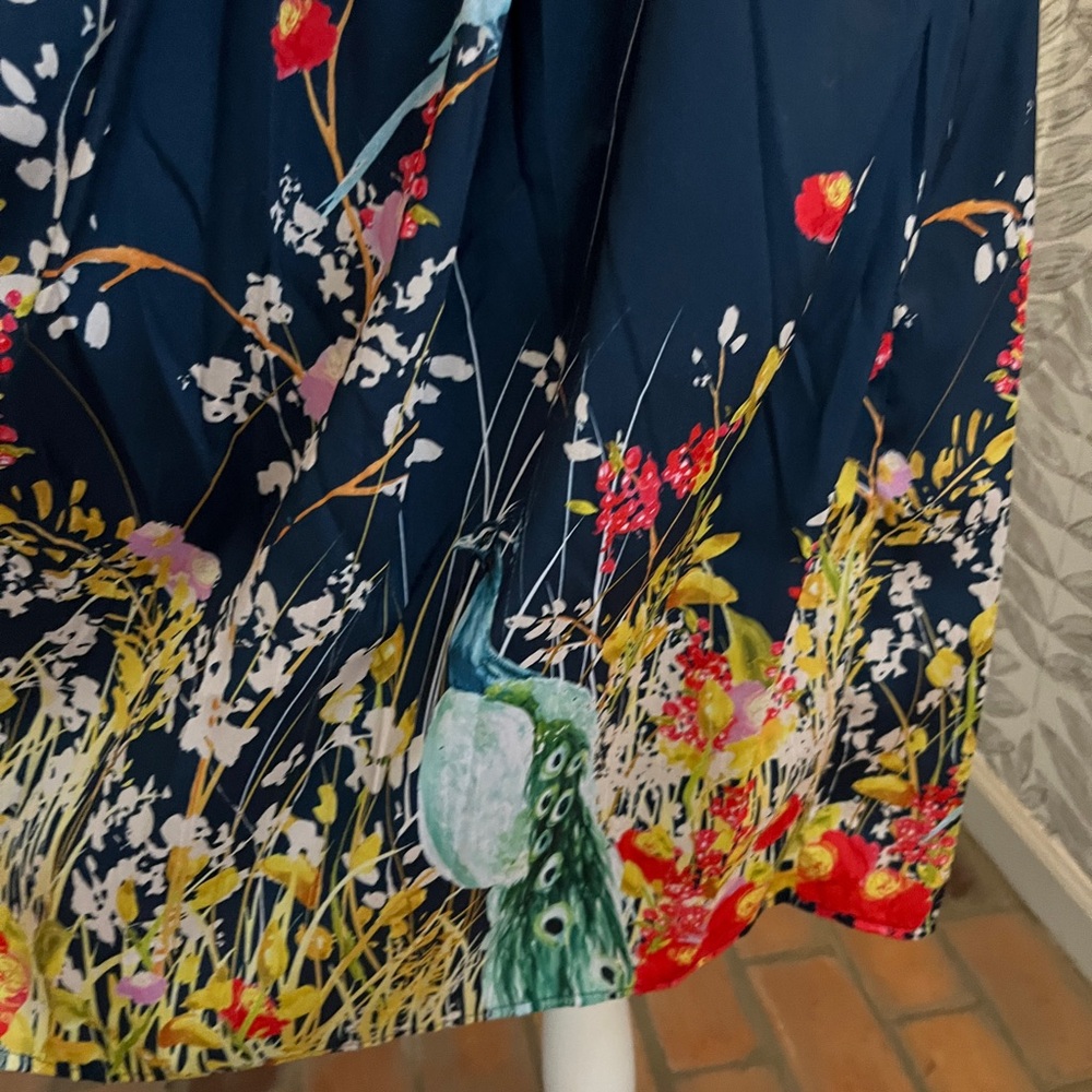 Navy Floral Peplum Midi Dress with Ribbon Tie - Picture 3 of 5